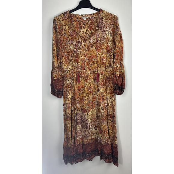 Frye & Co Fall Brown Orange Midi Long Sleeve Dress XL Western Boho Smock Ruffle - Picture 12 of 12